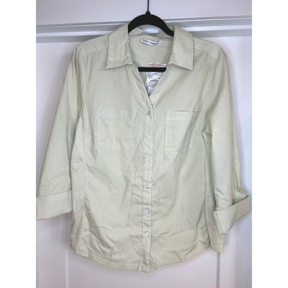 NEW Emily Daniels Womens Green Pinstripe Button Up Shirt 3/4 Roll Sleeve Medium